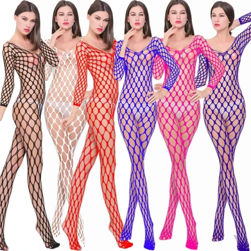 kaKadınlar seksi Mesh sevgililer Hollow Out seksi Fishnet Stocking uzun kollu Bodysuits Fishnet vücut çorabı